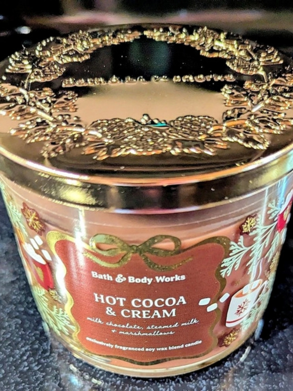 Bath & Body Works Hot Cocoa & Cream 14.5 oz 3 Wick Candle Gold Decorative Lid